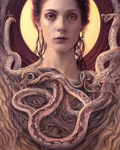 Image similar to portrait of the strangly beautiful young goddess of snakes, surreal, fantasy, intricate, elegant, dramatic lighting, emotionally evoking symbolic metaphor, highly detailed, lifelike, photorealistic, digital painting, painterly, artstation, concept art, smooth, head in focus, sharp focus, illustration, art by John Collier and Krenz Cushart and Artem Demura and Alphonse Mucha and Albert Aublet,