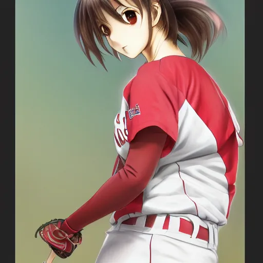 Image similar to anime style, female baseball player, red sport clothing, realistic anatomy, launching straight ball, brown short hair, hair down, symmetrical facial features, from arknights, hyper realistic, rule of thirds, extreme detail, 4 k drawing, safebooru, realistic lighting, by alphonse mucha, greg rutkowski, sharp focus, backlit