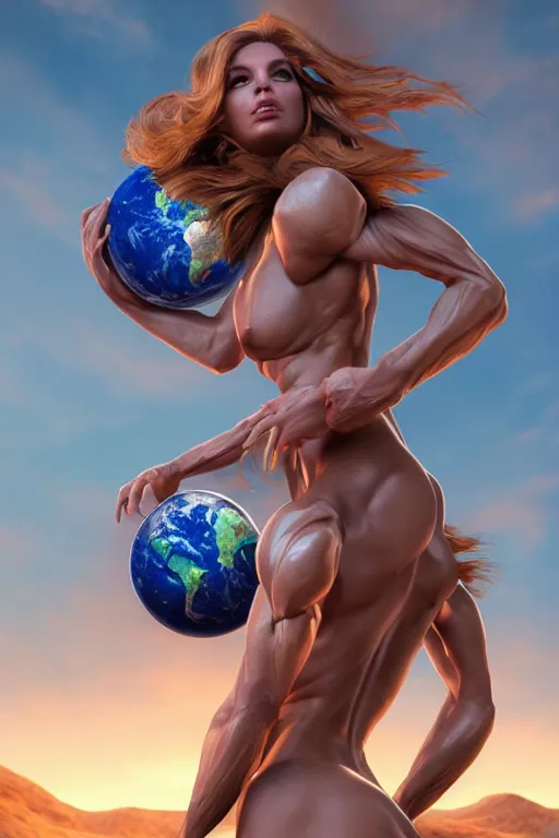 Prompt: a beautiful muscular woman carrying a giant planet Earth on her back, long hair, beautiful, hyperrealistic, concept art, octane render, unreal engine 5, trending on Artstation, high quality, 8K, soft lighting, trending on DeviantArt, highly detailed, high quality, digital art, anatomically correct, five fingers, desert in the background, path traced, complementary colors, natural lighting, epic image