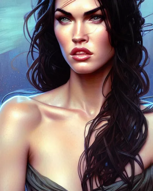 Prompt: portrait of megan fox with sultry face expression, intricate, headshot, highly detailed, digital painting, artstation, concept art, sharp focus, cinematic lighting, illustration, art by artgerm and greg rutkowski, alphonse mucha, cgsociety