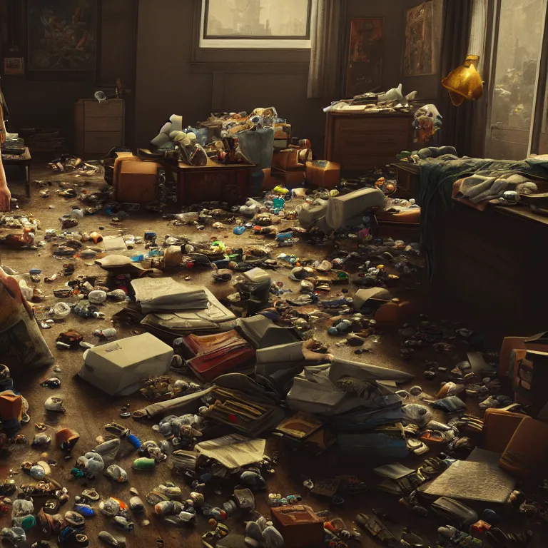 Prompt: a cinematic shot of a hoarder in a room filled with garbage, octane render, volumetric lighting, nvidia raytracing demo, by Andy Thomas, Mario Martinez, Daniel Mirante, Gustave Dore, Artstation, CGsociety, masterpiece