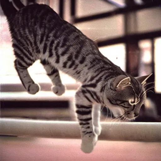 Prompt: 35mm Kodak photos of beautiful cats doing gymnastics