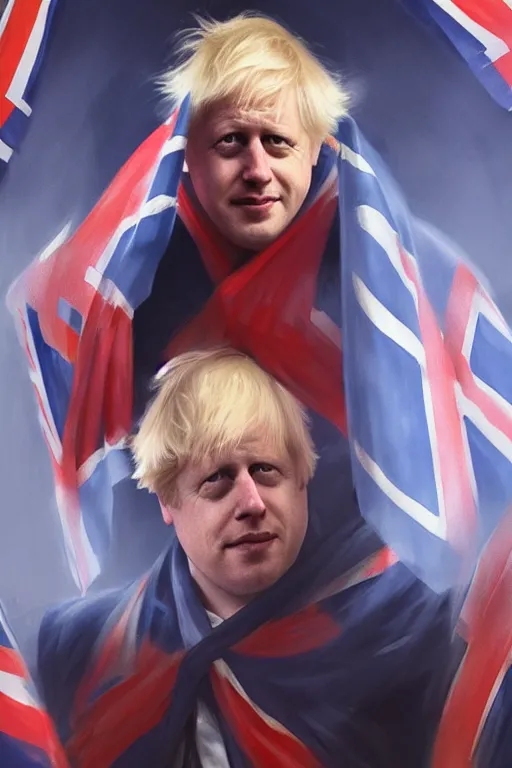 Image similar to Boris Johnson as a superhero with Union Jack flag, portrait, highly detailed, digital painting, artstation, concept art, smooth, sharp focus, soft volumetric lights, illustration, cinematic lighting, art by artgerm and greg rutkowski and alphonse mucha