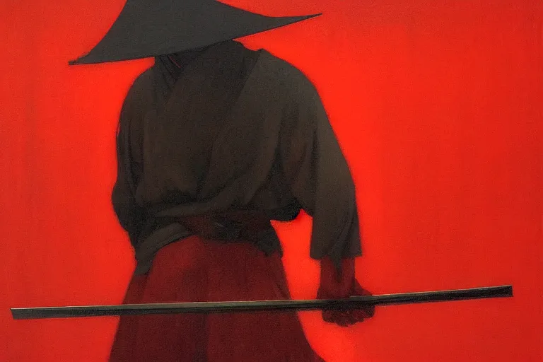 Image similar to only with red, a red samurai harakiri, tokio, a lot of frogs watch, in the style of beksinski, parts by edward hopper, parts by rodcenko, parts by yue minjun, intricate and epic composition, red by caravaggio, insanely quality, highly detailed, masterpiece, red light, artstation, 4 k