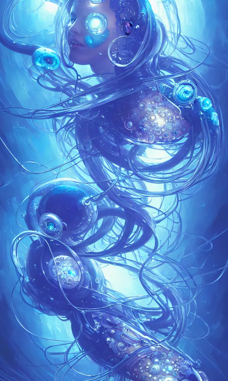 Image similar to detailed cyberpunk jellyfish, blue tones, underwater, full frame, highly detailed, digital painting, artstation, concept art, smooth, sharp focus, illustration, art by artgerm and greg rutkowski and alphonse mucha