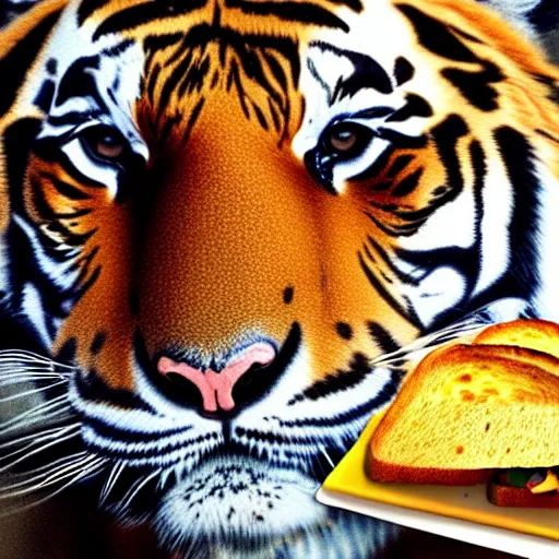 Image similar to a tiger eating a toasted sanwich,photorealistic,detailed face,8k