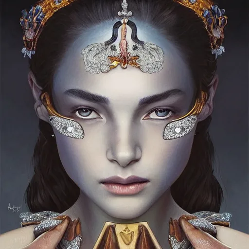 Image similar to portrait of a grey alien aristocrat wearing jewelry, a tiara, diamonds, confident, pretty, intricate, headshot, highly detailed, digital painting, artstation, concept art, sharp focus, cinematic lighting, illustration, art by artgerm and greg rutkowski, alphonse mucha, cgsociety