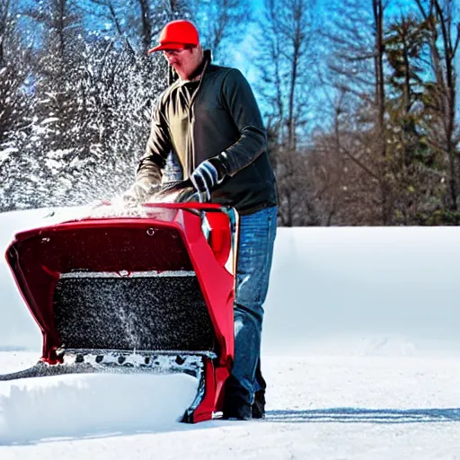 Prompt: Snowblower manual shows man putting his hand in the snowblower and losing it