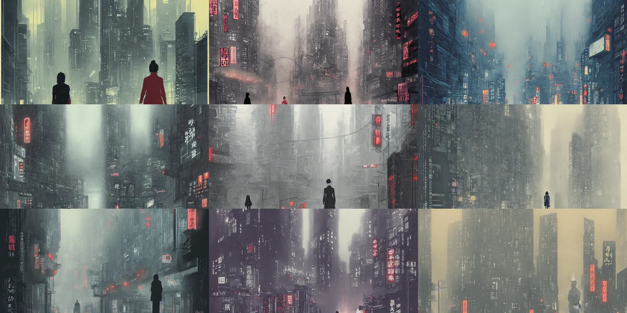 Prompt: a woman standing in the middle of a foggy city street, cyberpunk art by otomo katsuhiro, cgsociety, shin hanga, official art, cityscape, poster art