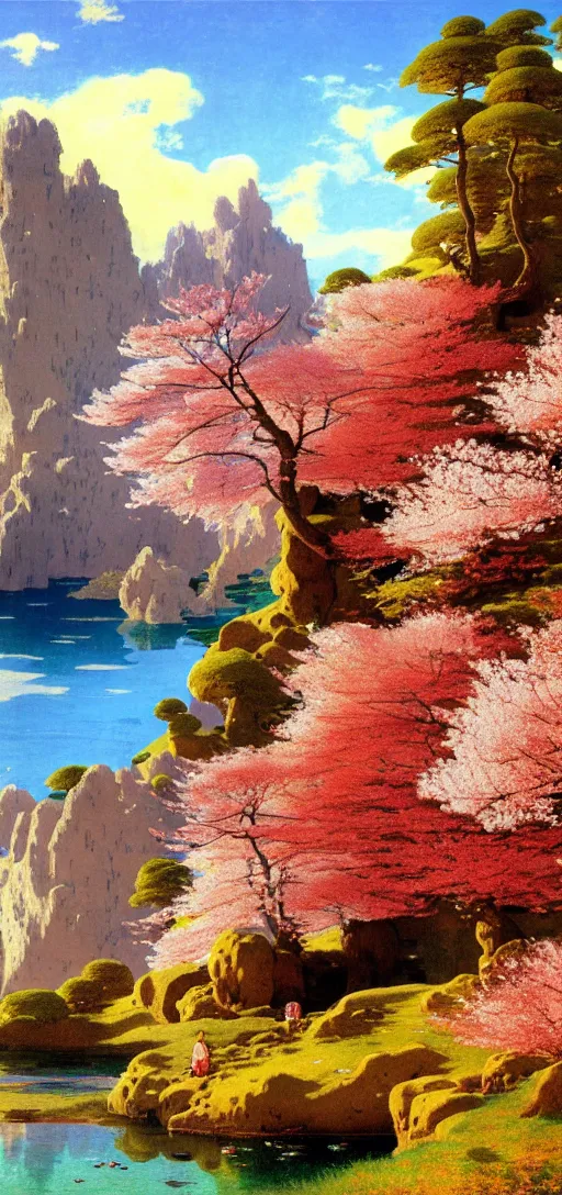 Image similar to ghibli illustrated background of a strikingly beautiful landform with strange rock formations and red water and cherry blossoms by vasily polenov, eugene von guerard, ivan shishkin, albert edelfelt, john singer sargent, albert bierstadt 4 k