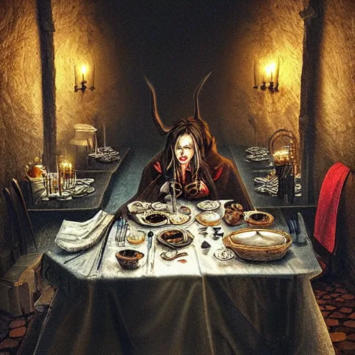 Image similar to “an 8k hi definition super detailed photorealistic picture of a vampire in a dungeon setting sitting at a banquet table full of plates of rats and spiders with red candles”