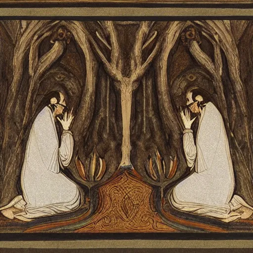 Prompt: a scene of two identical beautiful female priestesses face to face, full of detail