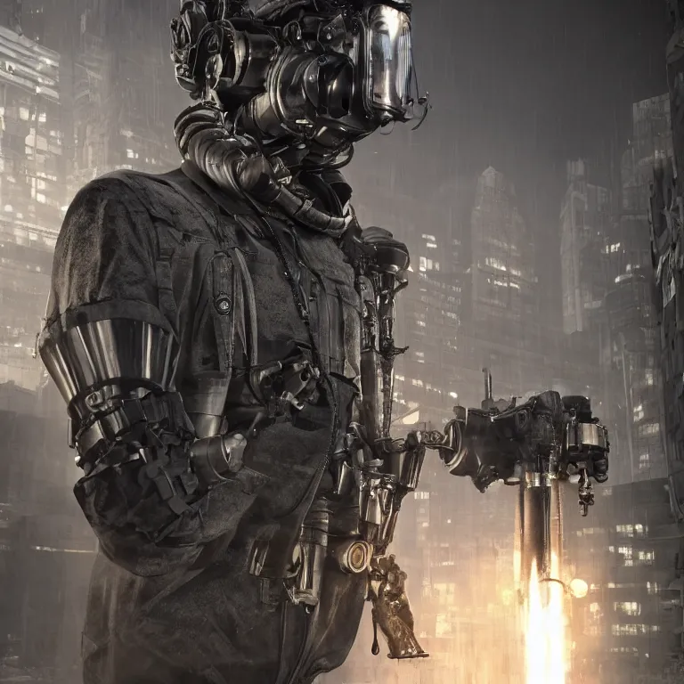Image similar to octane render portrait by wayne barlow and carlo crivelli and glenn fabry, subjectis a dieselpunk dark futurisitc android butler spewing thick black smoke, inside a dystopian high - end capitol city, cinema 4 d, ray traced lighting, very short depth of field, bokeh