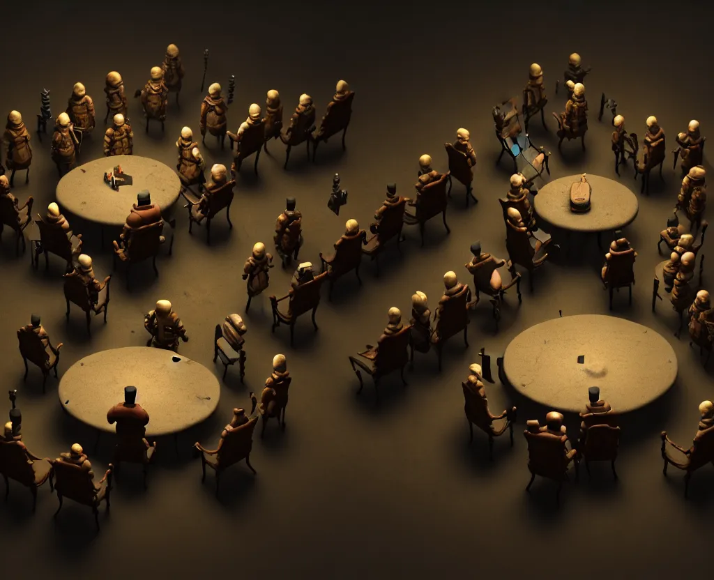 Image similar to the forbidden underground meetings of the traitors, a dimly lit stone room, some old chairs, all traitors are standing around a roundtable debating how to kill the king, cinematic landscape, betrayal in the air, octane render, artstation