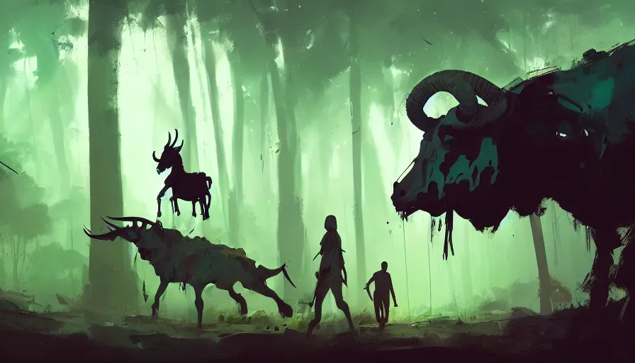 Image similar to ismail inceoglu and jama jurabaev's concept art, cel shadow, film shooting, trends on artstation, high quality, brush strokes, bright colors, giant demon goat skull in mysterious rainforest