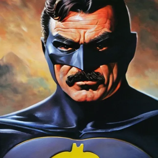 Image similar to ultra realistic portrait painting of tom selleck as batman, art by frank frazetta, 4 k, ultra realistic, highly detailed, epic lighting