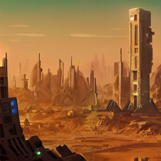 Prompt: Sprawling cyber city with one Tall Military Tower in the center, Low Poly, Neon, Lights, Blade Runner, Metal, Robotic, Holes, Large Rocks, Sand Storm, Obelisk, Sand Dunes, Desert Planet, War, Star Wars, Warhammer 40k, Retro Futurism, Art Deco, Simon Stålenhag