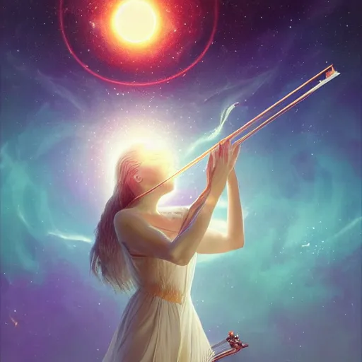 Prompt: a high quality portrait of a celestial goddess of life playing a mystical violin and springing life into the universe, by WLOP, by Beeple, by greg rutkowski