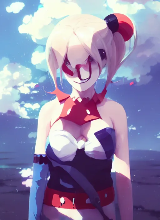 Image similar to portrait of cute anime harley quinn, cloudy sky background lush landscape illustration concept art anime key visual trending pixiv fanbox by wlop and greg rutkowski and makoto shinkai and studio ghibli