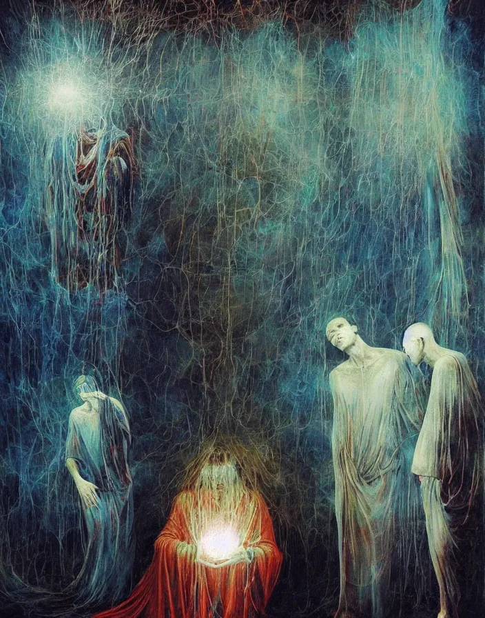 Image similar to worshippers in robes holding a very large crystal tesseract radiating white light, interior of a small room, glowing crystal tesseract!!!!!!!!!!!!!!!!!!, beksinski painting, part by adrian ghenie and gerhard richter. art by takato yamamoto. masterpiece, deep colours