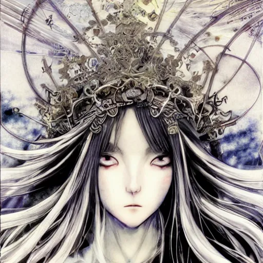 Prompt: yoshitaka amano blurred and dreamy illustration of an anime girl with black eyes, wavy white hair fluttering in the wind wearing elden ring armor and crown with engraving, abstract black and white patterns on the background, noisy film grain effect, highly detailed, art by shigenori soejima, renaissance oil painting, weird portrait angle, blurred lost edges, three quarter view