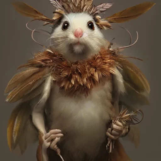 Image similar to portrait character design, a cute feathered mouse, feathers plumage, plumed by brian froud, portrait studio lighting by jessica rossier and brian froud and gaston bussiere