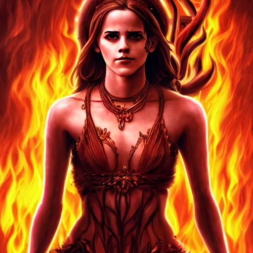 Image similar to emma watson as the goddess of hell, hot, hyper detailed, illustration, hyper realistic, blood, fire, dramatic lighting, cinematic, hell, full body portrait by steve henderson