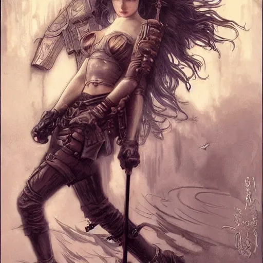 Image similar to a dieselpunk painting in the style of luis royo, and in the style of charlie bowater, and in the style of alphonse mucha. symmetry, smooth, sharp focus, semi - realism, intricate detail.