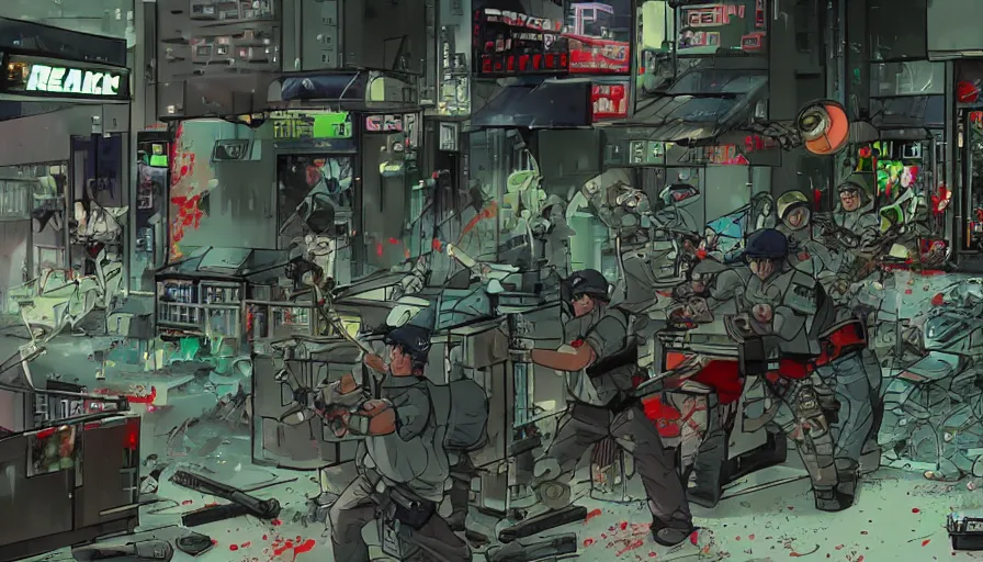 Prompt: 1994 Video Game Screenshot, Anime Neo-tokyo Cyborg bank robbers vs police, Set inside of the Bank Lobby, Multiplayer set-piece in bank lobby :9, Police officers under heavy fire, Police Calling for back up, Bullet Holes and Blood Splatter, :6 Smoke Grenades, Riot Shields, Large Caliber Sniper Fire, Chaos, Anime Cyberpunk, Anime Bullet VFX, Machine Gun Fire, Violent Gun Action, Shootout, Escape From Tarkov, Intruder, Payday 2, 8k :4 by Katsuhiro Otomo: 9