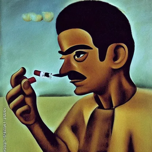 Image similar to mario smoking a cigarette painted by frida khalo