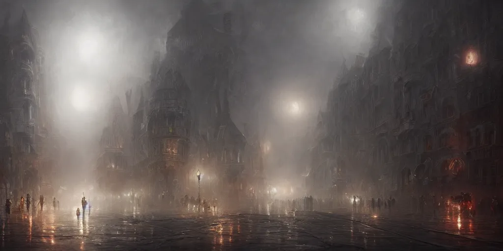 Image similar to a parade in a thick swirling fog, soft lighting, night, unreal engine, digital art, 8 k, oil painting, fantasy art, illustration, detailed and intricate environment