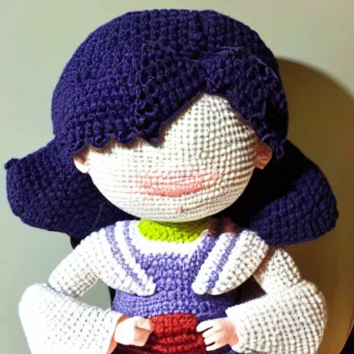 Prompt: a crocheted doll version of keqing from genshin impact