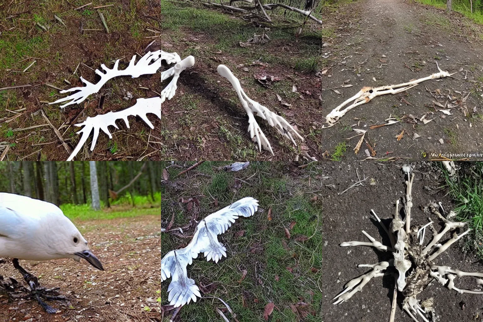 Prompt: bones of a bird on the ground, detailed, realistic, trail cam footage
