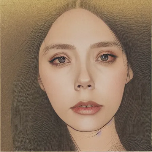 Prompt: “ elizabeth olsen portrait by ikenaga yasunari and ayana otake and ko rakusui, drawing, realistic, sharp focus, japanese, dreamy, nostalgia, faded, golden hues, floral clothes ”