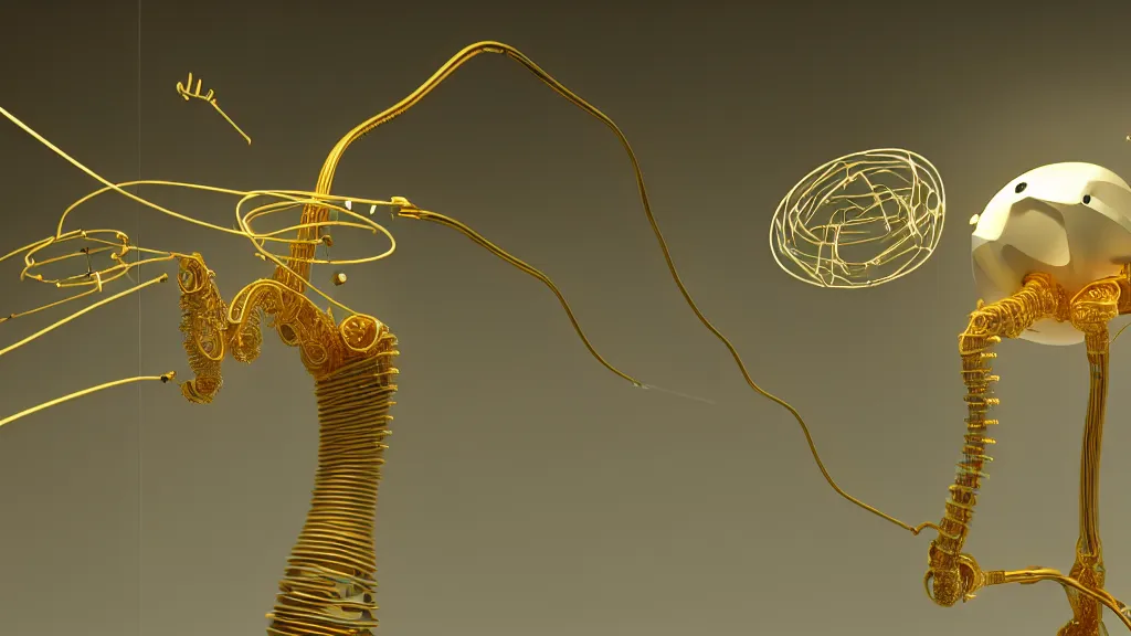 Image similar to a complex bifurcated robotic cnc surgical arm hybrid 3 d printer machine making organic ceramic kintsugi mandlebulb forms in the laboratory room, very thin gold wire, film still from the movie directed by denis villeneuve with art direction by salvador dali, wide lens, f 3 2, cinematic lighting, studio quality, smooth render, unreal engine 5 rendered, octane rendered