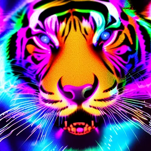Prompt: glowing holographic tiger face render, transparent celestial light gels, vibrant acrylic glass crinkled correction gel, colored film face by okuda san miguel, glowing stars, glinting, glittering, cyan, white, ultra realistic, photorealistic, 3 d render, unreal engine, octane render, sharp, studio