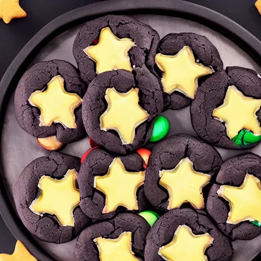 Image similar to close view of a 5 pointed star shaped m & m cookie, warm dim light