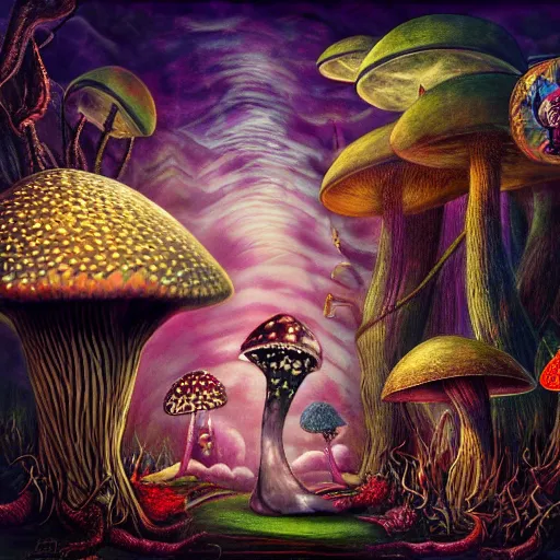 Prompt: dark fantasy, 4 k, textured 3 d, intense detail, psychedelic, alice in wonderland, smoking caterpillar sitting on large mushroom, amazing background, alex grey style