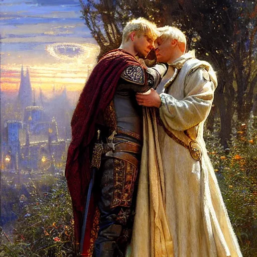 Prompt: arthur pendragon in love with male merlin the mage. they are in love. highly detailed painting by gaston bussiere, craig mullins, j. c. leyendecker