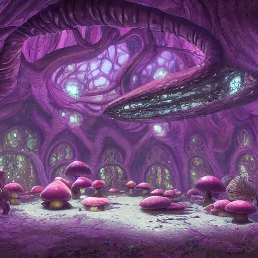 Prompt: concept art painting of a interior of a circular alien fairytale fantasy fungus house made of mushrooms, realistic, detailed, cel shaded, magenta and gray, dark, in the style of makoto shinkai and greg rutkowski and james gurney