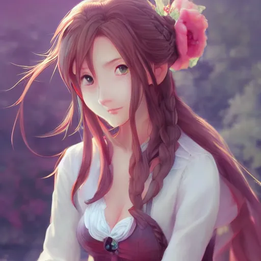 Image similar to high quality art of aerith gainsborough by WLOP, rossdraws, Logan Cure, Mingchen Shen, BangkuART, sakimichan, yan gisuka, JeonSeok Lee, zeronis, Chengwei Pan on artstation