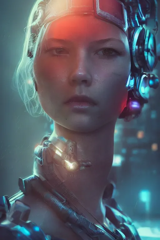 Image similar to beautiful close - up portrait of a cyborg mercenary girl, art by wlop and liam wong, cyberpunk, neon, combat armor, head and shoulders, long hair, intricate details, trending on artstation, sharp focus, caustics, octane render, radiant light, 4 k