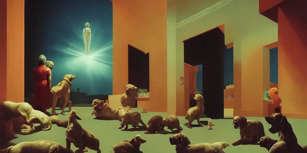 Prompt: incredible full page illustration, God of dogs in a beam of light, world upside down, worship of the gods, Edward Hopper and James Gilleard, Zdzislaw Beksinski, Mark Ryden, Wolfgang Lettl highly detailed, hints of Yayoi Kasuma, 8K, HD, high resolution print