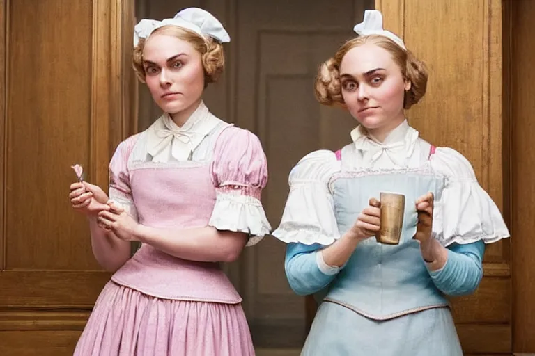 Image similar to mid-shot of AnnaSophia Robb as a maid in the new movie directed by Wes Anderson, symmetrical shot, idiosyncratic, relentlessly detailed, pastel, limited colour palette, detailed face, movie still frame, promotional image, imax 70 mm footage