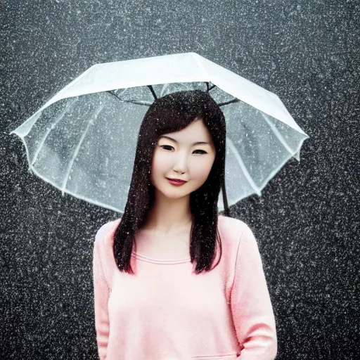 Image similar to centered portrait of beautiful Kawai Japanese girl posing in the rain