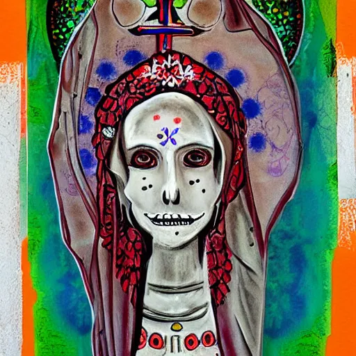 Prompt: nuestra senora de la santa muerte, mixed media