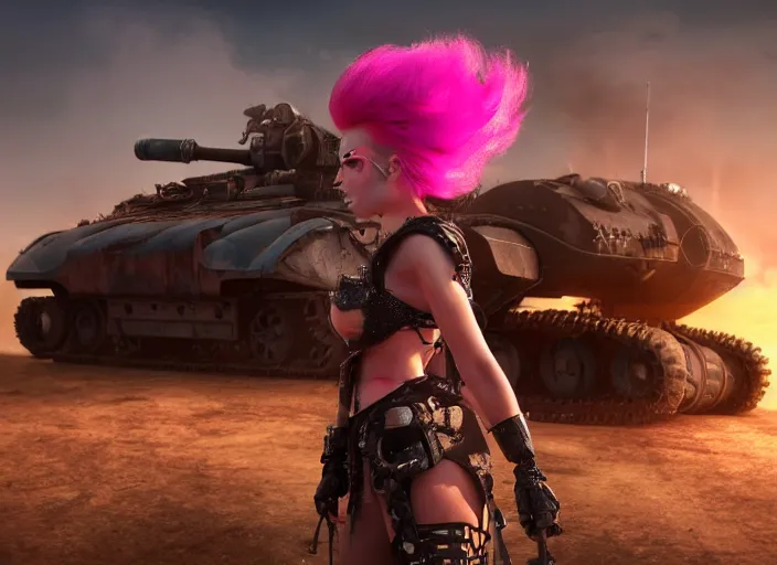 Image similar to beautiful apocalyptic woman with pink Mohawk, posing on mad max panzer tank, 4k ultra hd, fantasy dark art, artstation, octane render