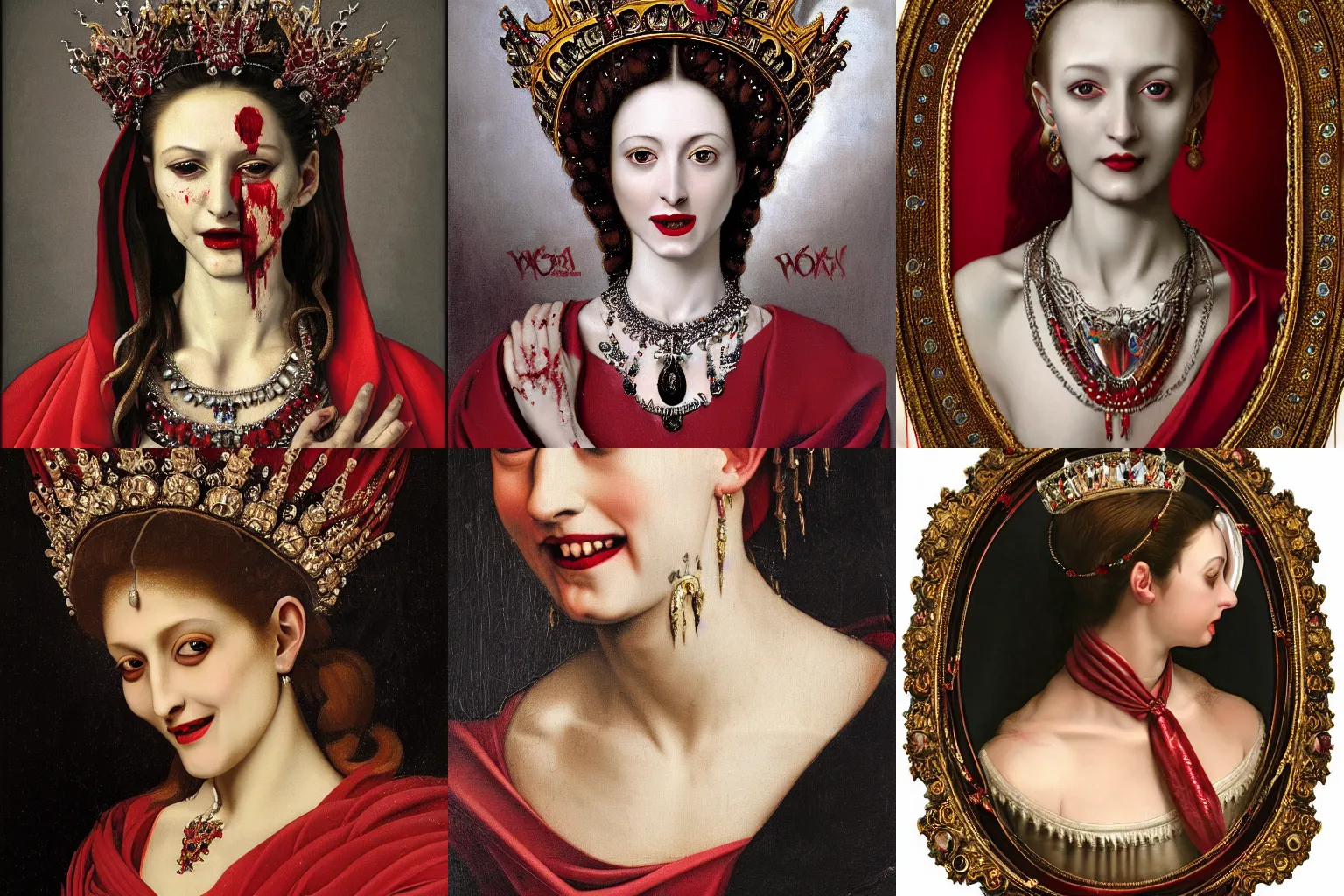 Prompt: A extremely highly detailed majestic hi-res beautiful immaculate head and shoulders painting of a beautiful bloody vampire woman with fangs, crying tears of red blood wearing a long royal red silk dress, the crown jewels is on her head and around her neck is a ornate golden necklace decorated with diamonds and rupees smiling by Michelangelo Merisi da Caravaggio, high detail, hyperrealistic, photorealistic, octante render, cinematic, high textures, royaltly, royal, hyper sharp, 4k insanely detailed and intricate, hypermaximalist, 8k, hyper realistic, super detailed, 4k HDR hyper realistic high,