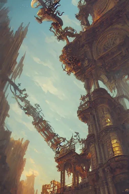 Image similar to illustration a low angle view of a tall ornate pipe organ falling to ruin, by peter mohrbacher, by alex andreev, by jacek yerka, by alan lee, by vincent di fate, large depth of field, super detailed, digital art, trending on artstation