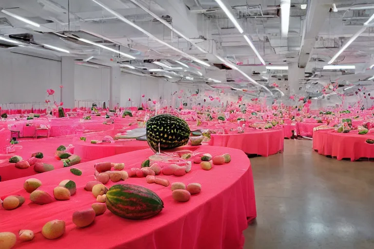 Prompt: 2 0 1 2 watermelon diner, tables repeat endlessly into the horizon, y 2 k cybercore cutecore fruitcore, one point perspective, tyler mitchell photoshoot